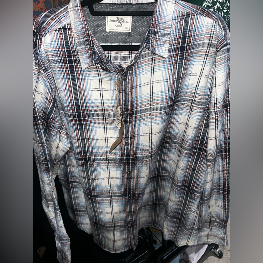 Men's Blue, Brown & White Plaid Shirt